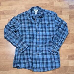 Duluth Trading Co Men's Teal and Navy Plaid Button-Down Shirt